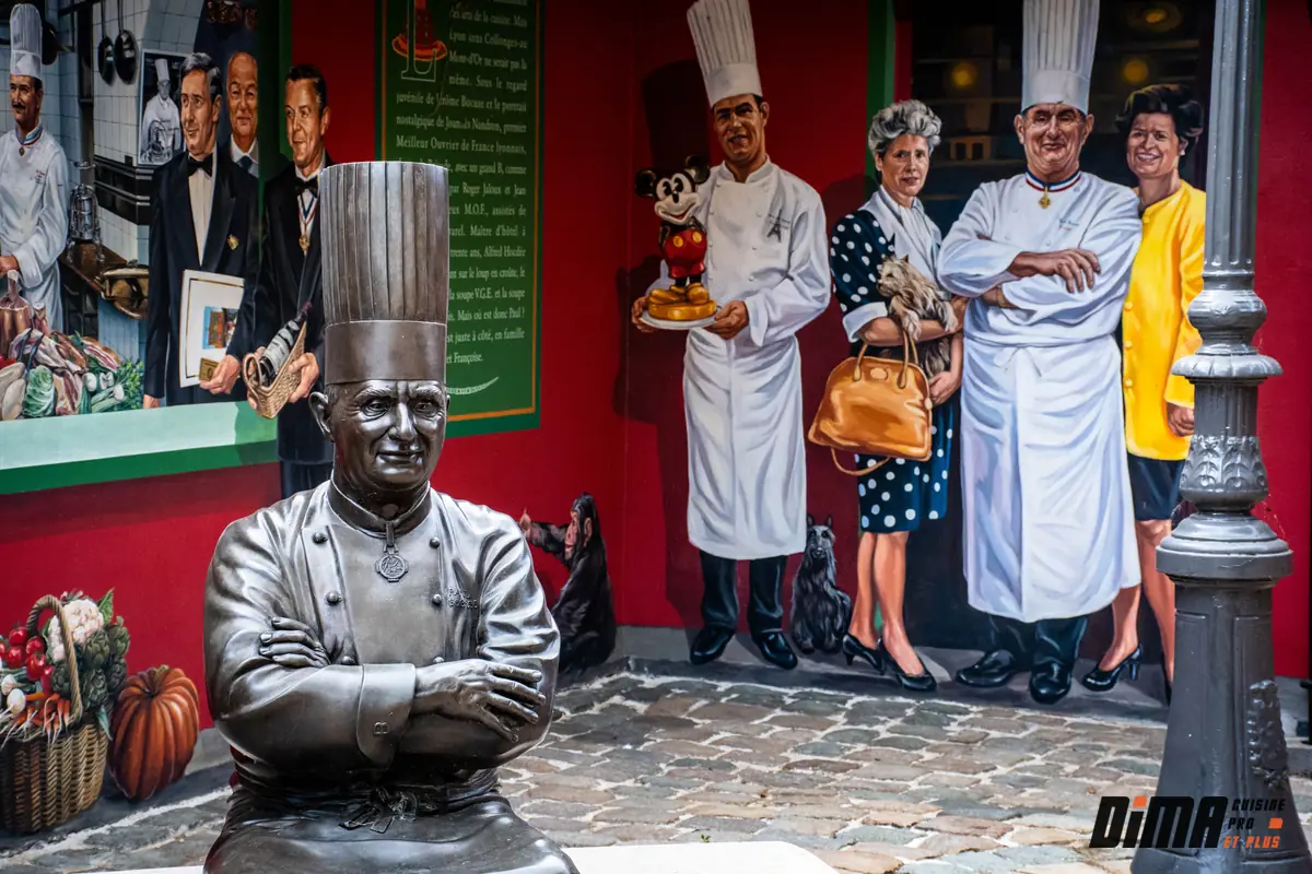 Statue de paul bocuse et mur peint représentant les grandes figures de la gastronomie lyonnaise